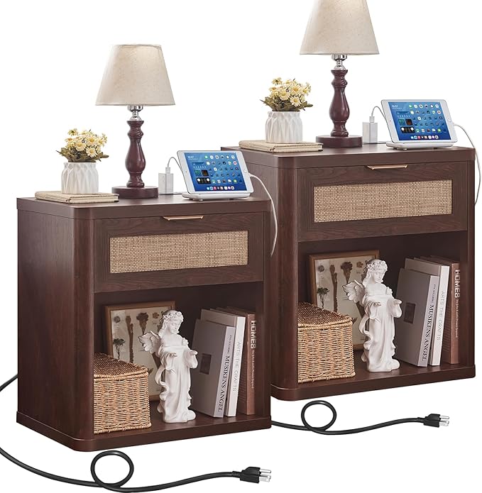 LEYAOYAO Rattan Nightstands Set of 2 with Charging Station, 23" Wide Boho Night Stand with Drawer, Walnut Bedside Table Open Cabinet, Bed Side End Table Dresser for Bedroom, Living Room, Hallway