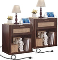 LEYAOYAO Rattan Nightstands Set of 2 with Charging Station, 23" Wide Boho Night Stand with Drawer, Walnut Bedside Table Open Cabinet, Bed Side End Table Dresser for Bedroom, Living Room, Hallway