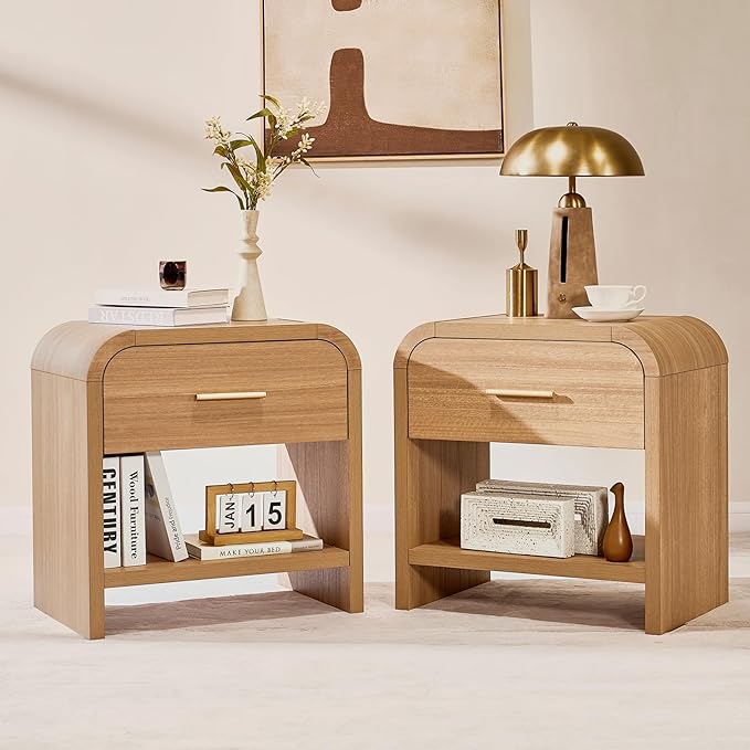 Night Stand Set of 2 [Unique Curved Profile] [FSC-Certified Wooden Board] 1-Drawer and 1 Storage Shelf Nightstand 24" H Metal Handle Modern Bedside Table