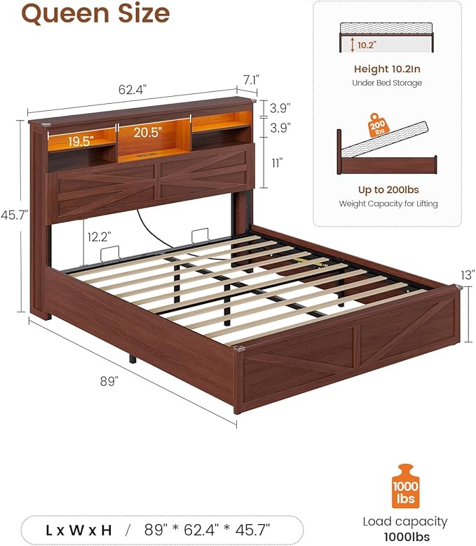 AOGLLATI Farmhouse Bed Frame Queen Size with Lift Up Storage & Hidden Bookcase Storage Headbord, Wooden Queen Bed Frame with Charging Station, Led Lights, No Box Spring Needed, Brown