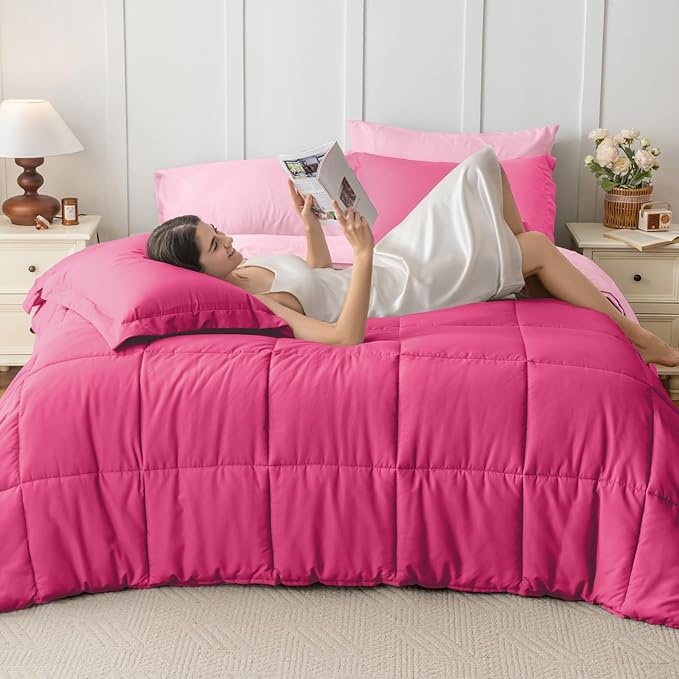 JOLLYVOGUE California King Comforter Set, Ultra-Soft Bed in a Bag 7 Pieces, Oeko-TEX Certified Bedding Set with Down Alternative Comforter, Sheets, Pillowcases & Shams, Hot Pink & Baby Pink
