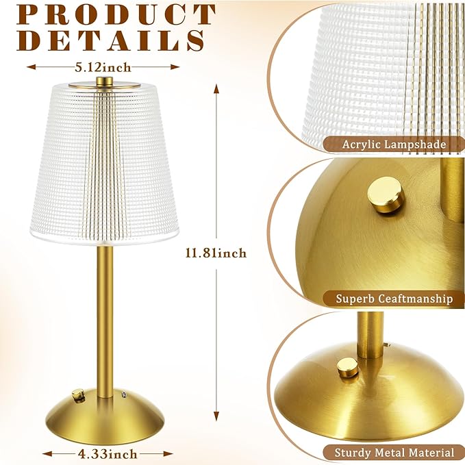 Liliful 2 Pcs Cordless Table Lamp Rechargeable Touch LED Small Gold Portable Battery Operated USB-c Desk Lamp 3 Color Dimmable for Bedroom Living Room Dining (Gold,Retro Style)