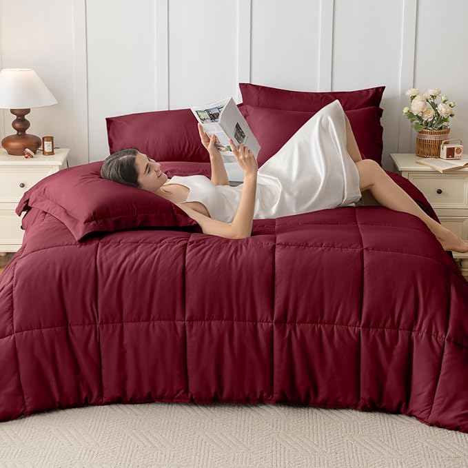JOLLYVOGUE Full Comforter Set, Ultra-Soft Bed in a Bag Full Size 7 Pieces, Oeko-TEX Certified Bedding Set with Down Alternative Comforter, Sheets, Pillowcases & Shams, Burgundy