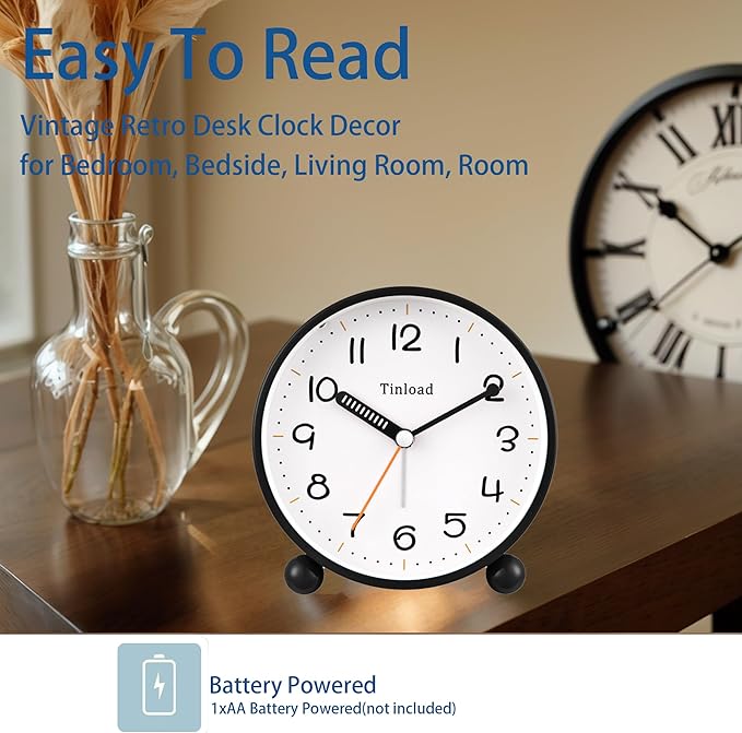 4.5" Antique Retro Analog Alarm Clock, Small Silent Battery Operated Clock with Manual Light, Snooze, Vintage Decor for Bedroom, Living Room, Office, Bedside,Desk（Black）