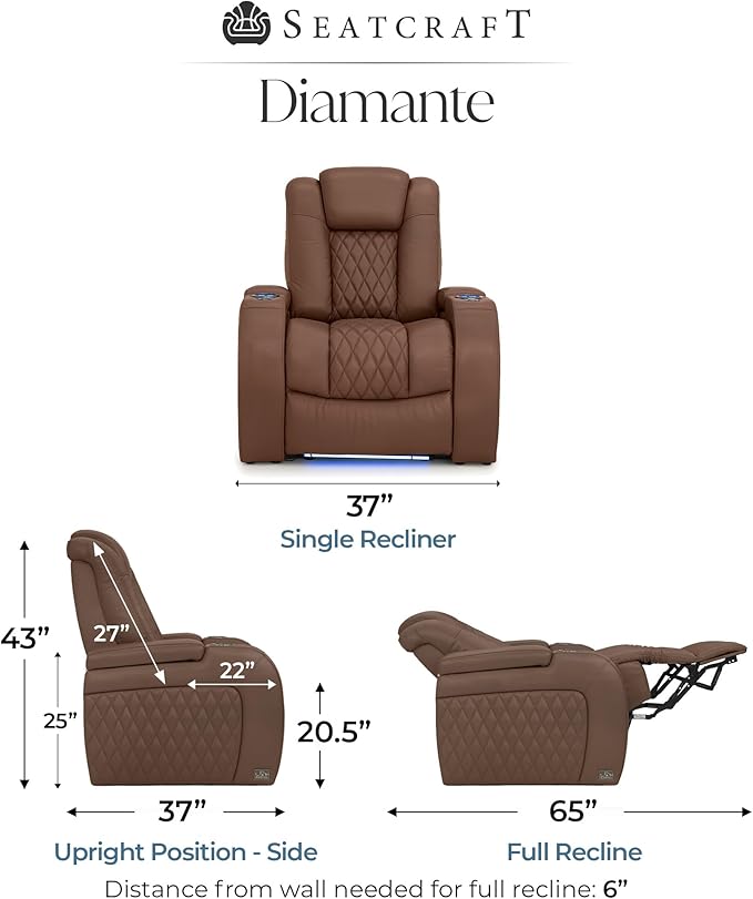 Seatcraft Diamante Zero-Gravity CoolZero Italian Leather Home Theater Seating, Power Headrest, Power Recline, Single Recliner, Tobacco