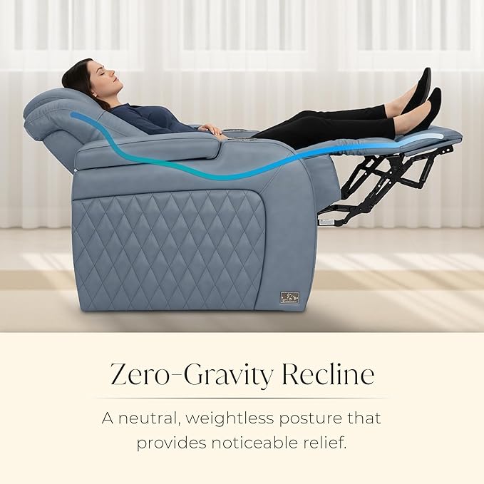 Seatcraft Diamante Zero-Gravity CoolZero Italian Leather Home Theater Seating, Power Headrest, Power Recline, Row of 5, Smokey Blue