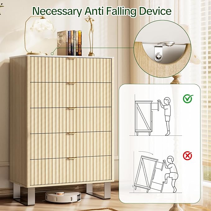 Fluted 5 Drawers Dresser, 48" H Modern Country Storage Dressers with Brushed Metal Handles, Wood Storage Organizers for Bedroom, Living Room, Hallway, Beige