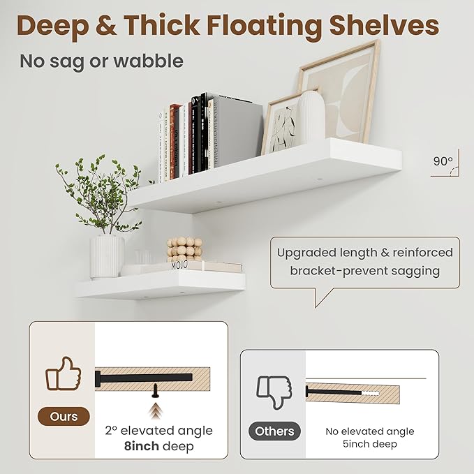 48 Inch Floating Shelves for Wall, 8 Inch Deep Floating Shelf for Storage & Display, Rustic Wall Mounted Shelf with Invisible Brackets for Living Room, Kitchen, Bathroom, Home Decor, Set of 2, White