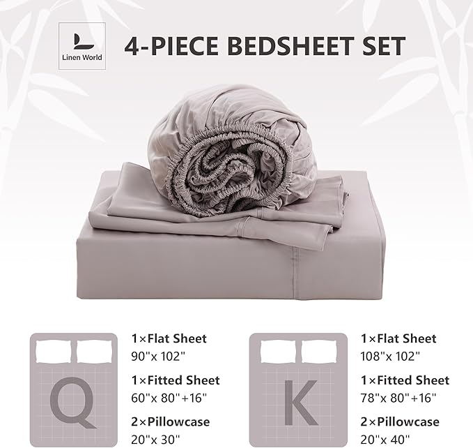 Linen World King Size 400TC Cooling Bed Sheet Set - 100% Organically Grown Viscose Sheets, Silky Soft & Breathable, Deep Pocket Fits Up to 16", 4-Piece Sheets with Pillowcases, Mauve