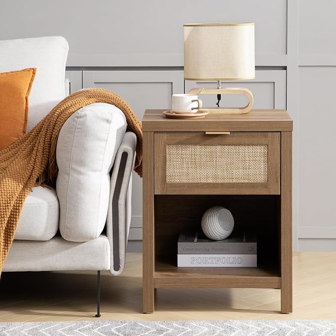 SICOTAS Rattan Nightstands Set of 2 - Farmhouse Night Stand with Drawer and Storage Shelf - Boho Bedside Table End Side Table for Bedroom, Oak