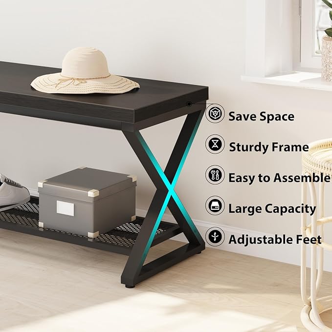 LVB Black Bench, Industrial Entryway Bench with Storage, Indoor Wood and Metal Storage Bench for Living Room Bedroom, Accent Shoe Rack Seating Bench for Hallway Foyer Entrance, Black Oak, 47 inch