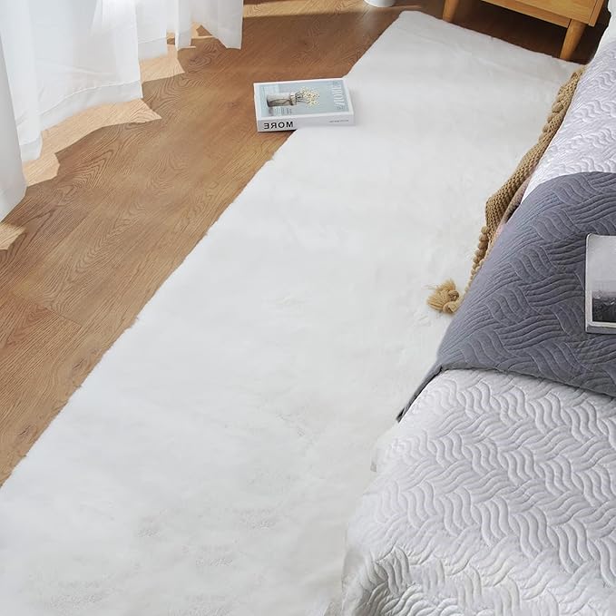 White Fluffy Faux Rabbit Fuzzy Fur Rug for Living Room Machine Washable Shaggy 2x8 Runner Rug for Bedroom Nursery Rectangle Rugs
