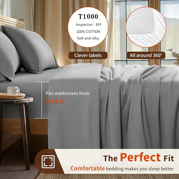 LBRO2M 1000 Thread Count 100% Egyptian Cotton Sheets Set Twin XL, 3 Piece Sets Bed Sheet Deep Pocket Sheet Set 16" Soft Comfortable All Season (Twin XL, Gray)