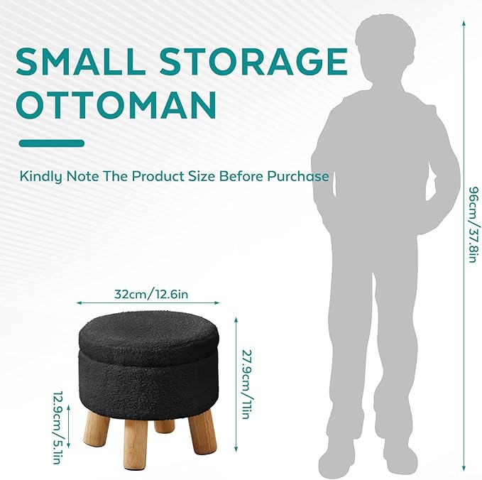 FIMIVIBI Small Foot Stool Ottoman with Storage, Sherpa Ottoman Foot Rest for Couch, Round Footstool with Storage, Small Ottomans and Footstools for Living Room and Entryway (Black)