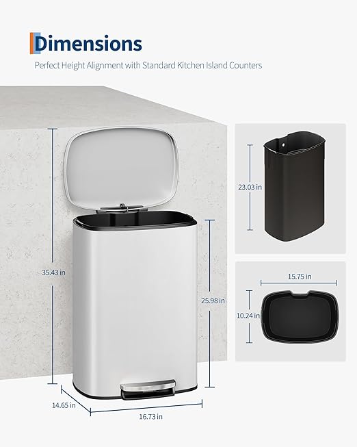 GarveeHome Stainless Steel Kitchen Trash Can, 13 Gal / 50 L Step-On Garbage Bin with Soft Close Lid, Large Rustproof Metal Trash Can for Kitchen, White