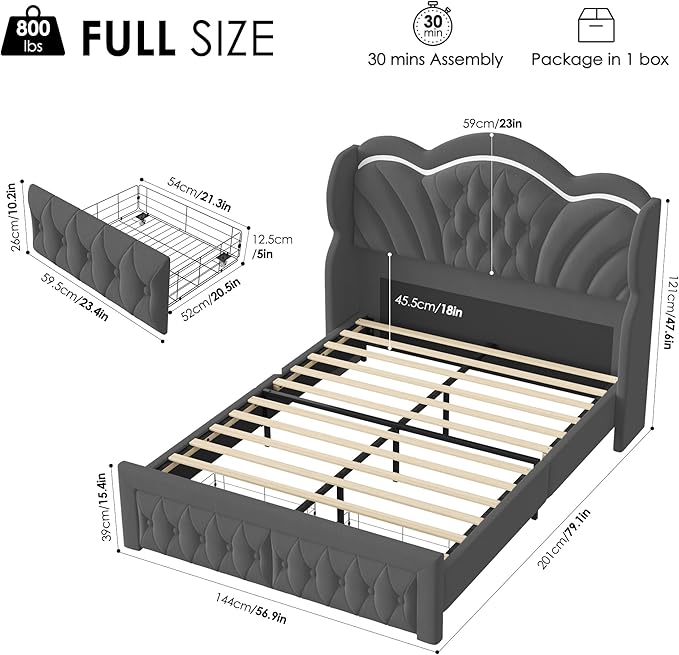 Keyluv Full Bed Frame with LED Lights and 2 Storage Drawers, Velvet Upholstered Platform with 47" Tall Arc-Shaped Wingback Headboard and Button Tufted Design, No Box Spring Needed, Noise-Free, Gray