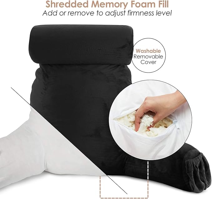 Nestl Reading Pillow with Shredded Memory Foam Includes 2 Neck and Lumber Support Pillows, Designed for Sitting Up in Bed and Couch, Back and Arms Adjustable Support for Adult & Teens, Black