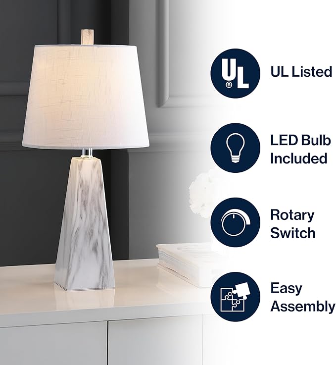 JONATHAN Y JYL1037A 20.5" Modern White Marble Table Lamp, Contemporary Geometric Resin Bedside Nightstand Lamp for Living Room, Bedroom, Office, End Table with White Linen Shade (LED Bulb Included)