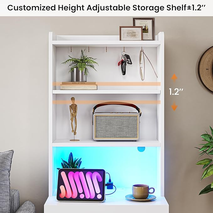 VIAGDO Tall Nightstand with Charging Station and LED Lights, Large White Night Stand with Bookshelf, Modern LED Bedside Table with 3 Drawers and Storage Shelves, End Side Table for Bedrooms, Dorms