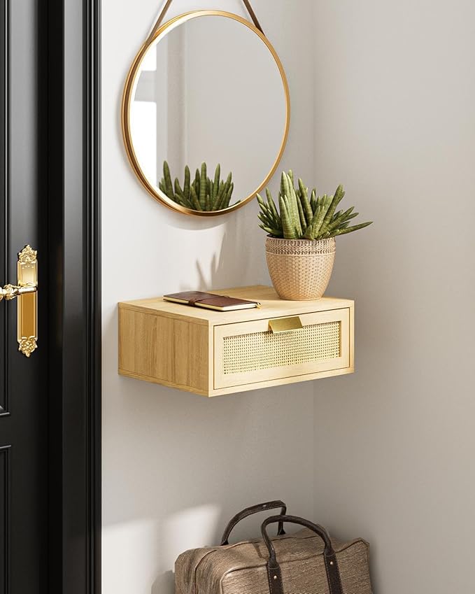 Floating Nightstand, Floating Shelf with Drawer, Wall Mounted Nightstand, Floating Bedside Table (Oak Rattan)