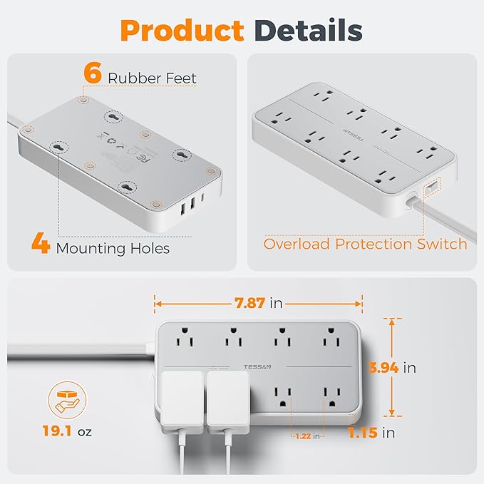 TESSAN Flat Plug Extension Cord 6 FT, Surge Protector Power Strip with 8 AC Outlets 3 USB (1 USB C), 1080 Joules, 1875W 15A, Multiple Wall Outlet Extender Station for Home Office School Dorm