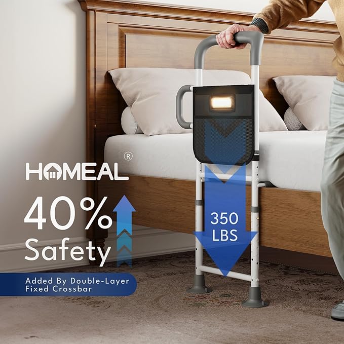 HOMEAL Bed Rails for Elderly Adults Safety - Adjustable Bed Assist Rails for Seniors, Adult Bed Guard Rail with Non-Slip Ergonomic Handle,Storage Pocket & Fixing Strap, 350 Tested(Grey, Without Light)