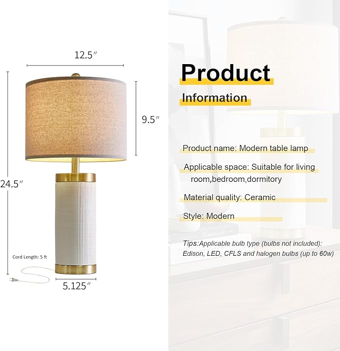 24.5" Modern Ceramic White Bedside Lamp for Bedroom Decor Farmhouse Table Lamp for Living Room Office Dorm