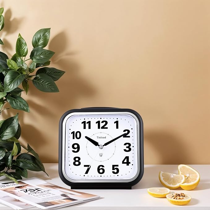 5.5" Large No Ticking Analog Alarm Clock,Silent Readable for Seniors,Easy to Set,Gradual Rise Alarm,Big Numbers,Gentle Wake,Snooze, Lighted on Demand,Battery Operated,Black