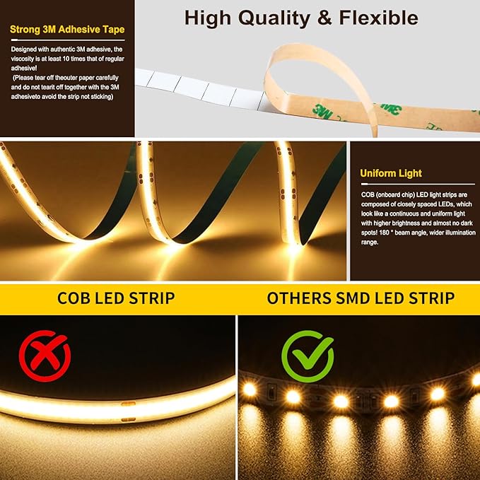 COB LED Strip Light,CCT Dimmable Strips Light,2700K-6500K,50ft/15m,8mm Wide,CRI90+ 24V LED Strips Kit with Bluetooth APP Control/Music Mode,for Bedroom,Kitchen,DIY Lighting
