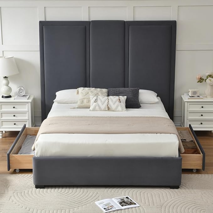 YUHUASHI Queen Size Bed Frame with 64-inch High Headboard, Simple and Airy Linen Upholstered Platform Bed with Storage Drawers, Wood Slat, No Noise (Grey, Queen (U.S. Standard))