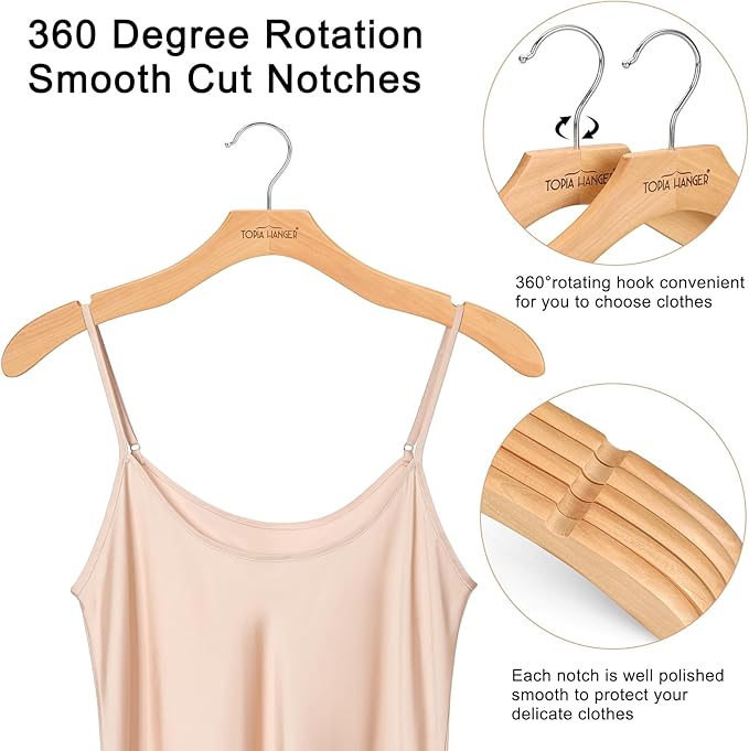 TOPIA HANGER Wooden Coat Hangers 12 Pack, Premium Wood Top Suit Hangers with No Shoulder Bump, 360° Swivel Hook and Cut Notches Clothes Hangers for Sweater, Coat, Shirts, Jackets, Dress, Natural CT84N