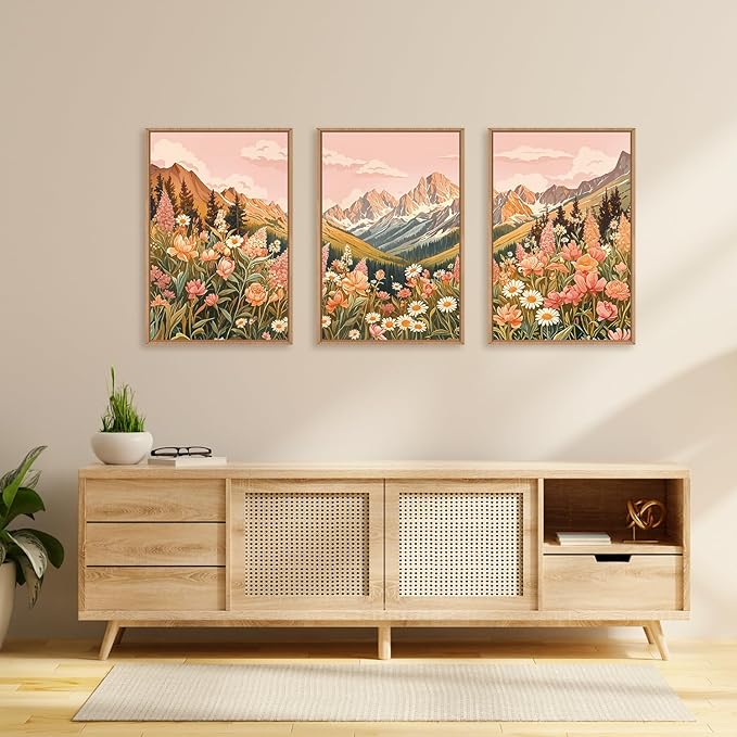 LHIUEM Large Abstract Colorful Mountain Framed Canvas Wall Art,Boho Pink Flower Wall Decor, Nature Wildflower Wall Painting,Bohemian Artwork for Living Room,Bedroom,Dining Room,Office -24"x36"x3