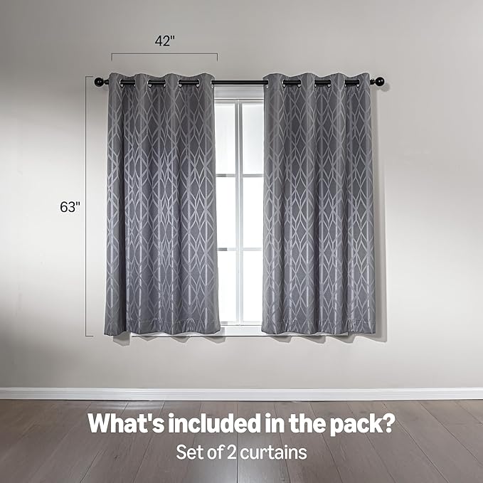 Amazon Basics Jacquard 2-Piece 100% Blackout Curtains, Living Room and Bedroom Drapes, Thermal Insulated Window Treatment, 42"x63", Grey