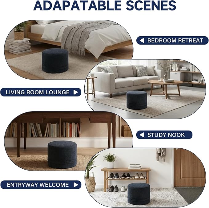 Tiita Stuffed Pouf Ottoman, Round Foot Stool Fluffy Floor Poufs Chair for Living Room Bedroom, Filled Boho Foot Rest for Couch, Blue-Grey