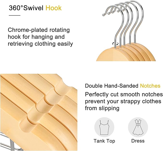 TOPIA HANGER Wooden Hangers with Adjustable Metal Clips and 360° Swivel Hook, Premium Wood Clothes Hangers 10 Pack for Suit, Pant, Skirt, Jeans, Coat, Jacket-CT28N