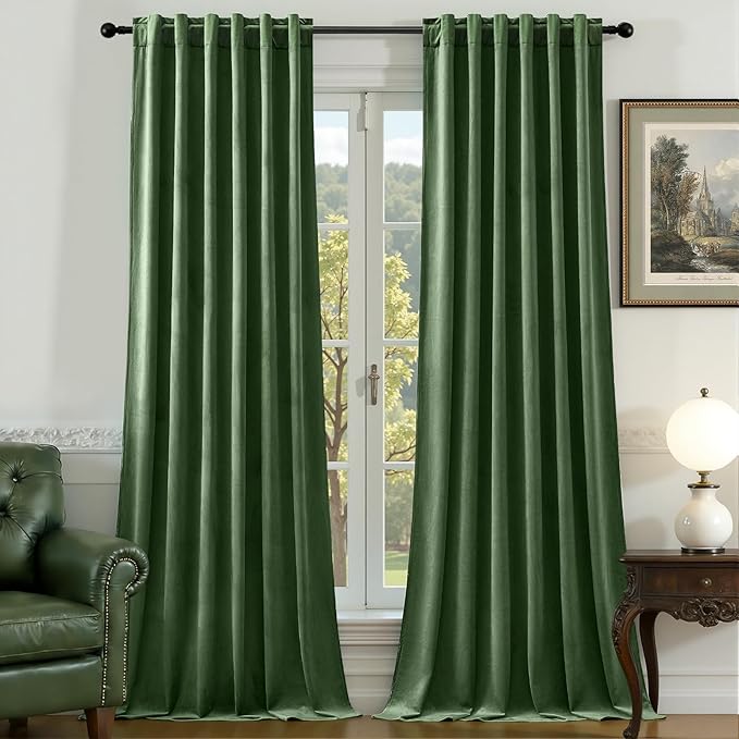 AUSSPVOCT Olive Green Velvet Curtains 84 Inches for Living Room, Elegant Thermal Insulated Room Darkening Heavy Blackout Drapes Luxury Curtain for Bedroom, Back Tab Rod Pocket, W52 x L84, 2 Panels