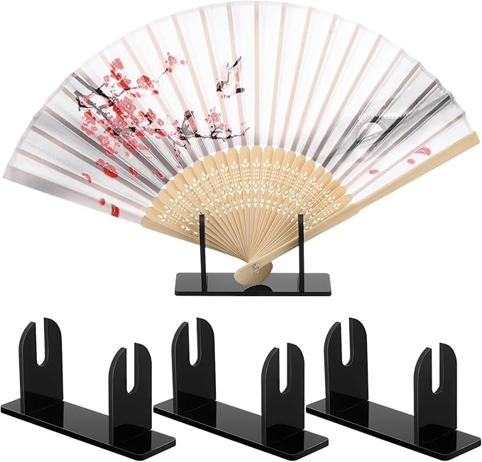Roowest 4 Pcs Acrylic Fan Display Stand Folding Japanese Chinese Hand Fan Stand Easel Foldable Handheld Display Base Organizer (Black)