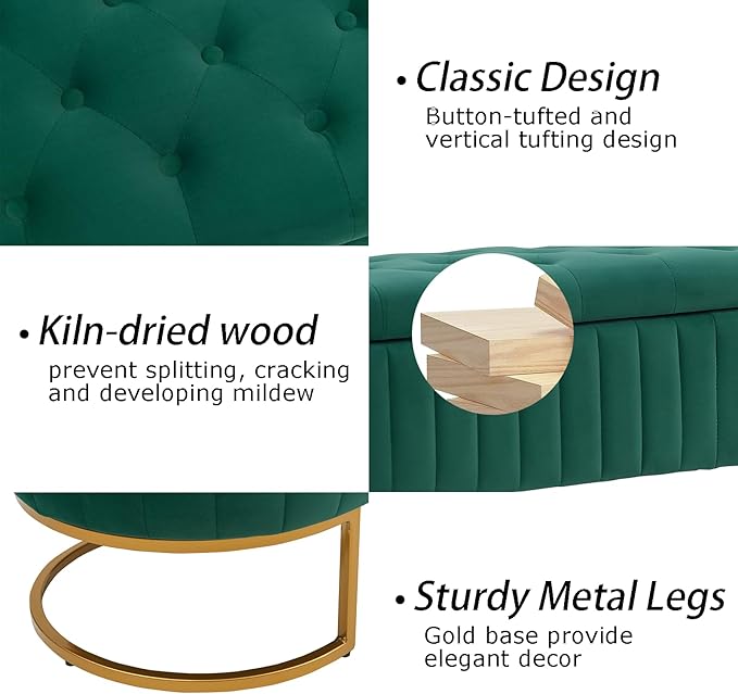 Velvet Storage Bench for Bedroom, Modern Tufted End of Bed Bench for King Size Bed, Upholstered Long Ottoman Bench with Gold Legs for Living Room/Entryway (Green, 55" W)