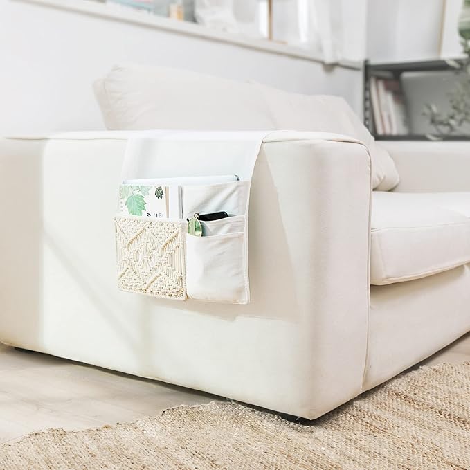 Mkono Couch Bedside Caddy Boho Remote Control Holder Macrame Armrest Storage Sofa Organizer with 4 Pockets for Magazine, Books, Tablet, Sunglasses, Cell Phone, IPad, Home Dorm Room Decor, Ivory