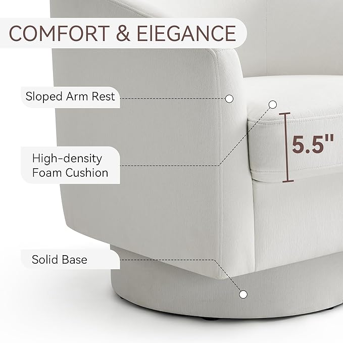 Swivel Barrel Accent Chair, Round Chenille Fabric Living Room Arm Chairs, Modern Upholstered Comfty Reading Nook Chairs for Bedroom, Small Club Armchair, Single Sofa Side Chair, White