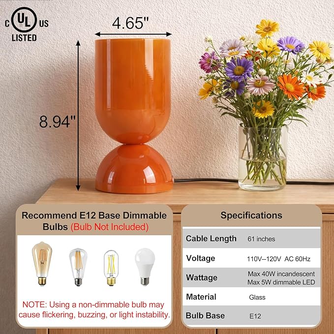 8.9" Modern Glass Table Lamp for Living Room, Dimmable Desk Lamps for Bedroom, UL Listed Nightstand Lamp with Dome Base, End Table Lamps for Home, Side Tables, College Dorm, Office, Glossy Orange