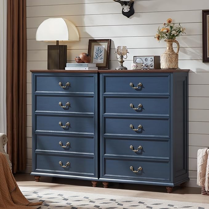 24" Wide Farmhouse Nightstand Set of 2, 54" 7 Drawers Dresser, 45" Tall Rustic Chests of 5 Drawers w/ 4 Solid Wood Feet, Farmhouse Furniture Series for Living Room,Bedroom,DarkBlue