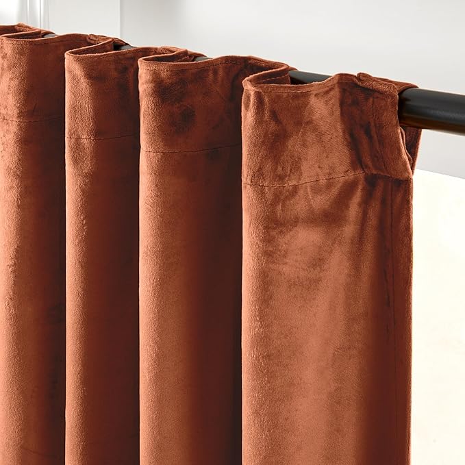 Lazzzy Burnt Orange Blackout Velvet Curtains 96 Inches Long Thermal Insulated Room Darkening Curtain Drapes Luxury Back Tab Window Treatments for Bedroom Living Room 2 Panels, 52 x 96 Inch, Caramel