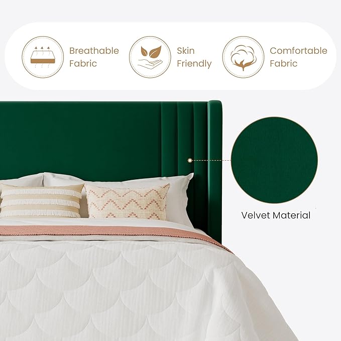 SHA CERLIN King Size Velvet Upholstered Platform Bed Frame with Vertical Channel Tufted Wingback Headboard, Wooden Slats Support, Easy Assembly, Under Bed Storage, No Box Spring Required, Green