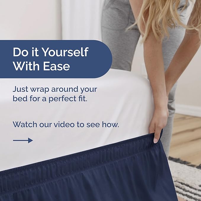 Wrap Around Dust Ruffle Bed Skirt - Navy Blue - for Queen Size Beds with 21 Inch Drop - Elastic Strap - Adjustable Pleated Bedskirt with Brushed Fabric and Wrinkle Free - for Women, Men, Kids & Teens