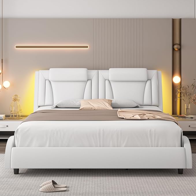 Keyluv Modern Upholstered King Bed Frame with Adjustable LED Headboard, Wave-Like Curve Design, Solid Wooden Slats Support, No Box Spring Needed, Noise Free, White