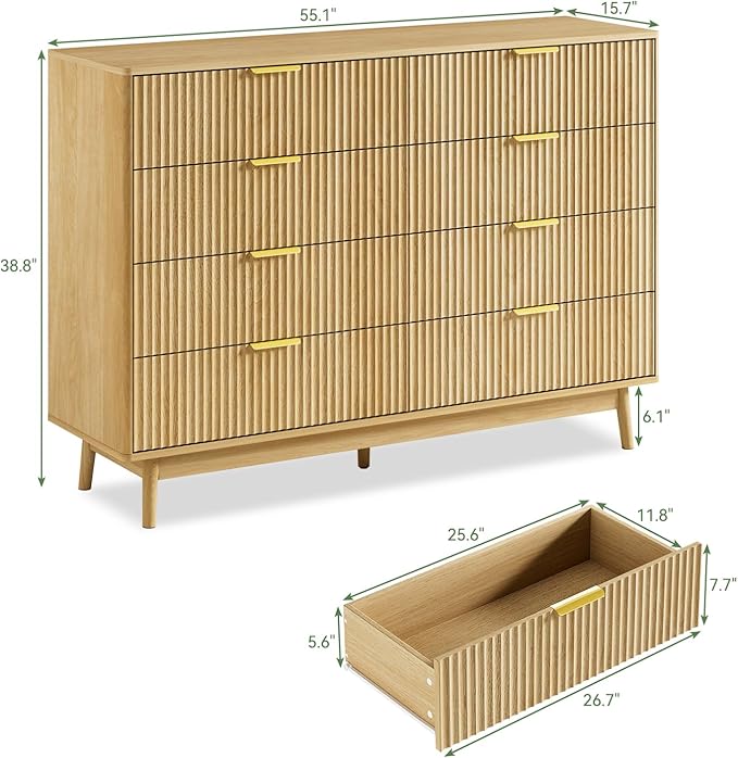 LYNSOM Fluted Dresser and Nightstand Sets 3 Piece, 9-Drawers Dresser and 1-Drawer Nightstands Set of 2, Wood Bedroom Furniture Set for Home, Bedroom, Hallway, Oak