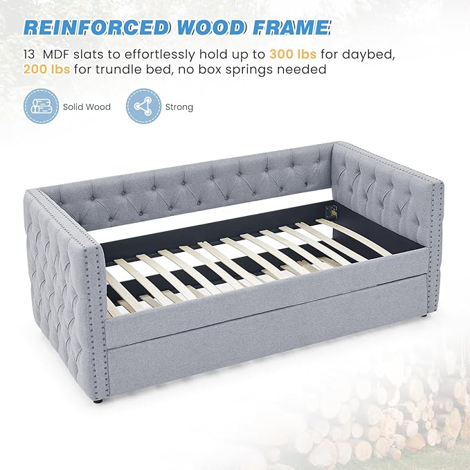 Antetek Daybed with Trundle, Upgraded Linen Upholstered Twin Size Day Bed Button-Tufted Sofa Daybed Frame with A Trundle,No Box Spring Needed,Furniture for Bedroom Living Room (Light Grey, Twin)