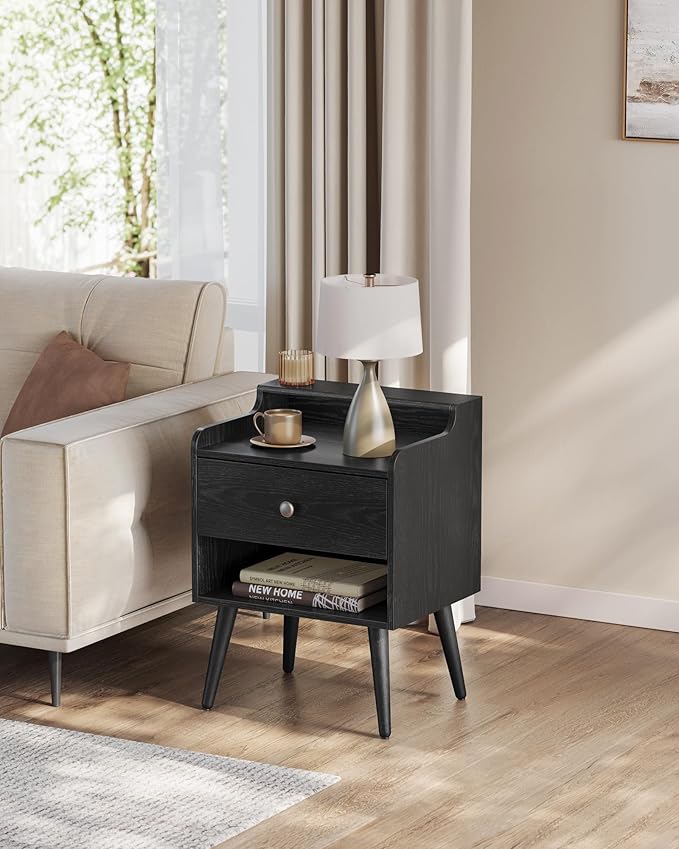 VASAGLE Nightstands, Set of 2, Bedside Tables with Hidden Drawers, Mid-Century End Side Tables with Solid Wood Legs, for Bedroom, Ebony Black ULET624B01