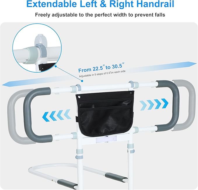 Bed Rails for Elderly Adults Safety - Elderly Assistance Products, Bedrails for Rlderly Adults Grab Bar Bed Handrails, Bed Rail with Pocket, Motion Sensor Light Fits King, Queen, Full, Twin (White)